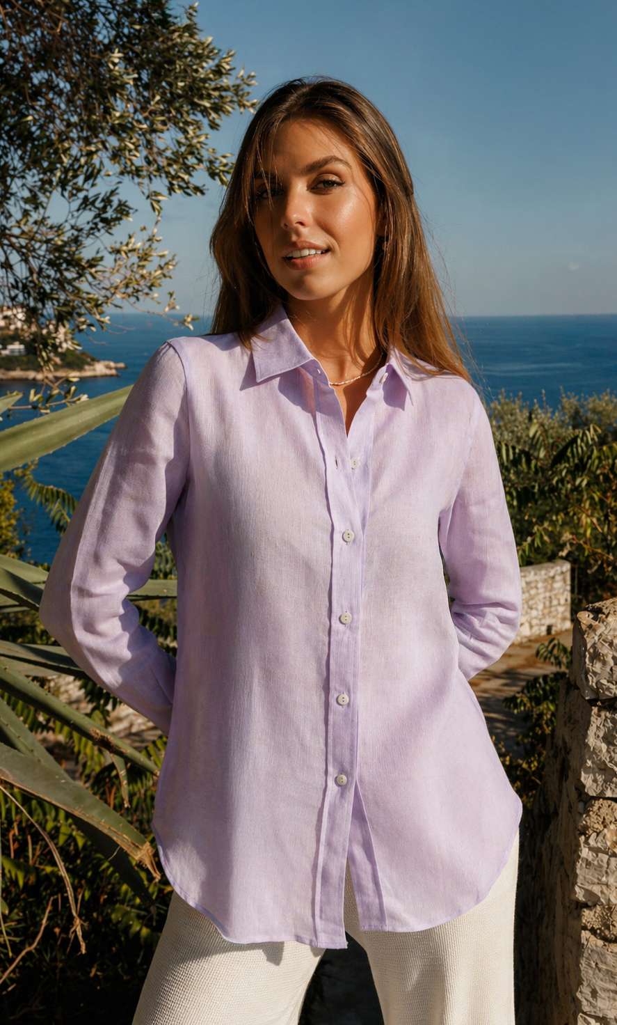 トップス CARLA Lady linen like tops Carla Petelski x Celandine Short-Sleeve Linen-Blend Buttondown