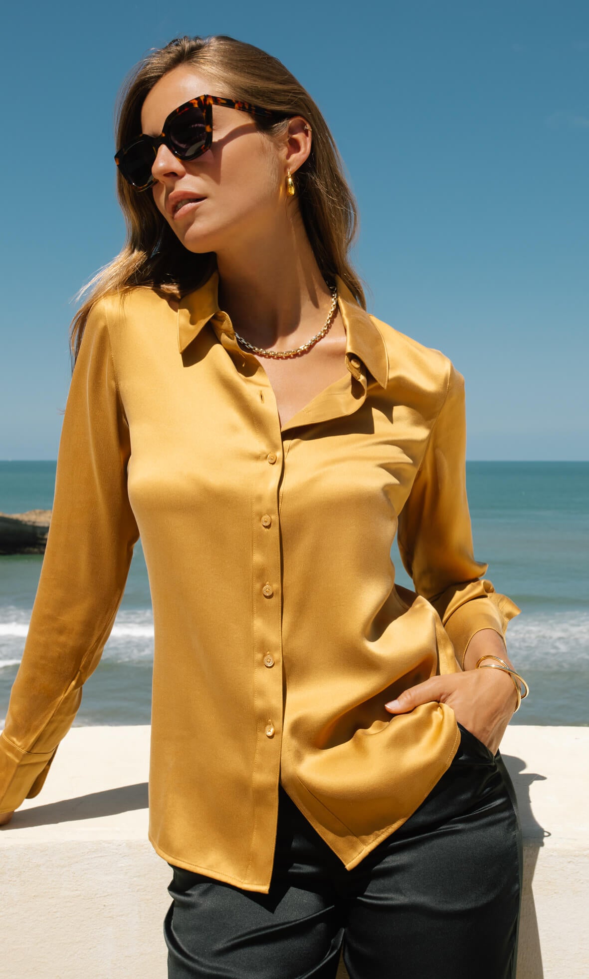 yellow button up dress shirt Monaco Silk Blouse - 100% Silk Button-Up Crochet Tank Mini Dress for men royal blue shirt dress Select Pants Waist Size:30W